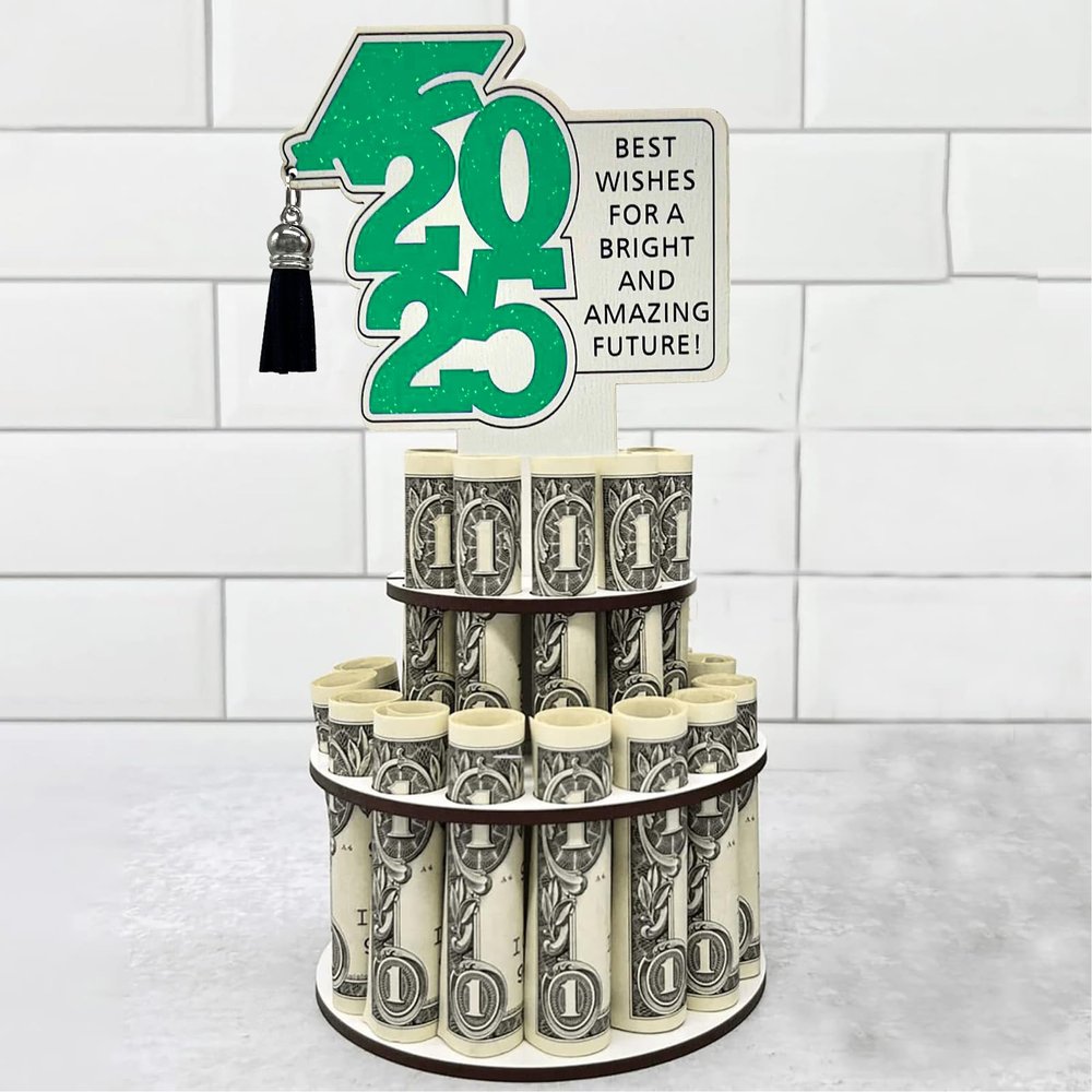 BLISI Class of 2025 Graduation Gifts Money Holder, Double-Layer With 25 Holes, Cash Cake for Congrats Graduation Party Supplies Grad Present (Green)