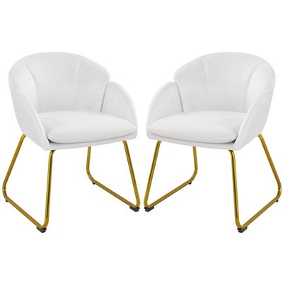 Yaheetech Velvet Dining Chair, Flower Shaped Armchair with Golden Legs, Upholstered Side Chair for Kitchen Dining Room Living Room, Set of 2, White