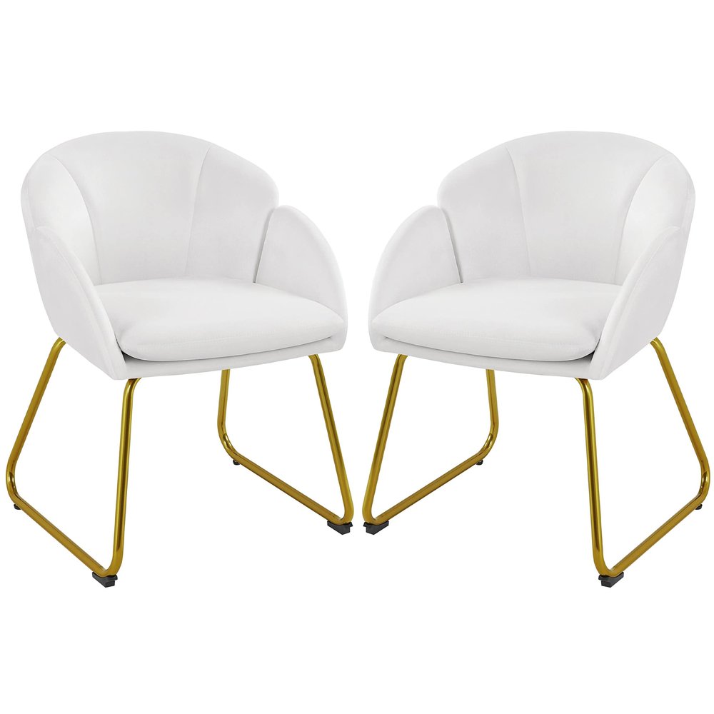 Yaheetech Velvet Dining Chair, Flower Shaped Armchair with Golden Legs, Upholstered Side Chair for Kitchen Dining Room Living Room, Set of 2, White