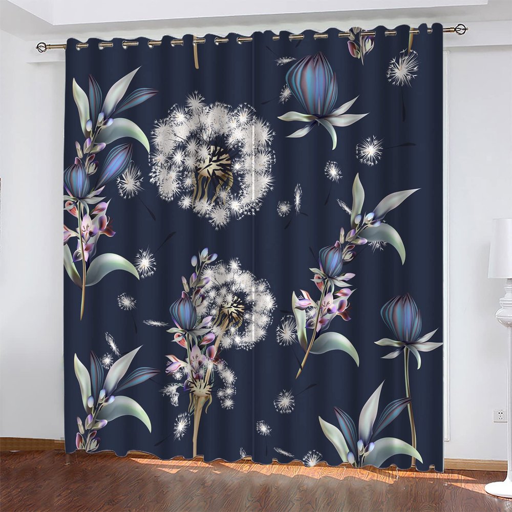 Dandelion Flowers Blackout Curtains, 3D Retro Print Window Curtains, Thermal Insulated Room Darkening Grommet Drapes 2 Panel Set for Living Room Bedroom Kitchen Decor 42" W x 63" L