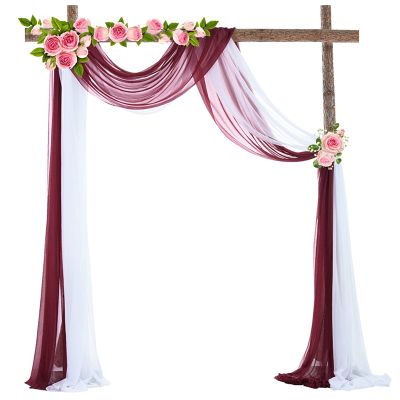 Altsuceser Wedding Arch Draping Fabric 2 Panels Fabric Drapes Arbor Drapery Wedding Ceremony Reception Swag Decorations, Sheer Backdrop Curtain for Party Ceiling Decor White & Red