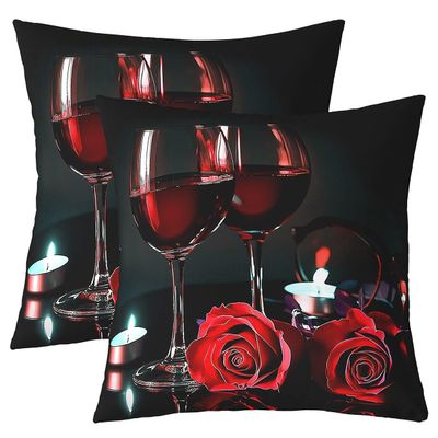 3D Rose Wine Glass Pillow Covers 20x20 Set of 2, Girls Romantic Eiffel Tower Throw Pillow Covers for Home Couch, Women Floral Fruit Cushion Covers, Red Black Flower Decorative Pillow Covers, Gray