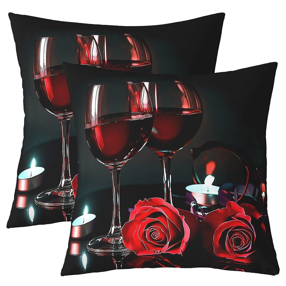 3D Rose Wine Glass Pillow Covers 20x20 Set of 2, Girls Romantic Eiffel Tower Throw Pillow Covers for Home Couch, Women Floral Fruit Cushion Covers, Red Black Flower Decorative Pillow Covers, Gray