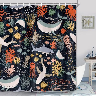 Lacoiime Kids Shark Shower Curtain, Ocean Fish Shower Curtain Black Boho Abstract Underwater Animal Cartoon Bathroom Curtain with Colorful Fabric Shower Curtains for Bathtub Decor (69 X 70 inch)