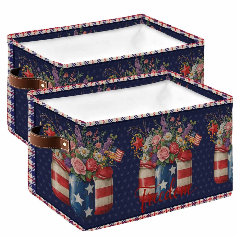 Flower Flag Large Storage Baskets Bins Country Rustic Independence Day Stars Stripes Collapsible Storage Box Laundry Organizer for Closet Shelf Nursery Kids Bedroom 2 Pack 15x11x9.5