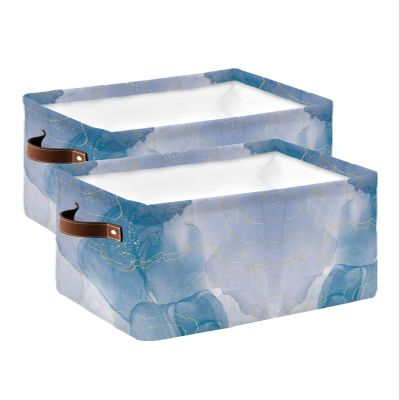 Blue Marble Large Storage Baskets Bins Modern Abstract Art Yellow Lines Ink Painting Collapsible Storage Box Laundry Organizer for Closet Shelf Nursery Kids Bedroom 2 Pack 15x11x9.5