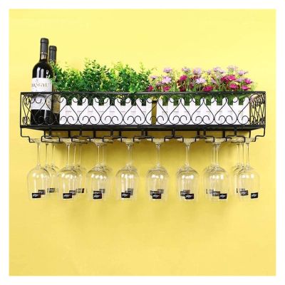 ALDEPO Wine Rack Vintage Metal Black Wall Mounted, Wine Stemware Holder Champagne Glass Racks Wine Goblets Holder, Kitchen Bar Wine Storage Organizer Display Floating Shelves (Size : 60x25cm)