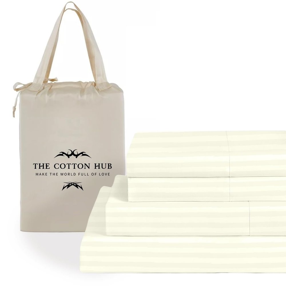 King Size 6-Piece Sheet Set 1000 Thread Count Luxury Certified 100% Pima Cotton Bed Sheets fits up to 10-12 inch Deep Pocket (Stripe, Ivory)