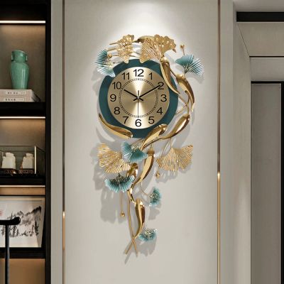 Big Wall Clocks for Living Room Decor, Creative Ginkgo Biloba and Gold Fish Design Silent Decorative for Wall Decor for Bedroom Kitchen Entryway Home Office Indoor,80x41cm/31.4x16