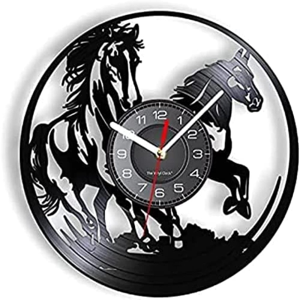 12In Wall Clock Silent Non-Ticking Horses Vinyl Record Wall Clock Horse Silhouette Laser Etched Album Music Record Wall Clock Horseman Home Decor Watch