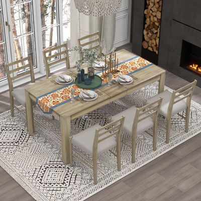 SIYSNKSI 7-Piece Dining Table Set, Wooden Mutifunctional Extendable Table with 12 Leaf and 2 Drawers, Wood Kitchen Set with 6 Dining Chairs, Ideal for Kitchen, Dining Areas (Natural Wood Wash-006)