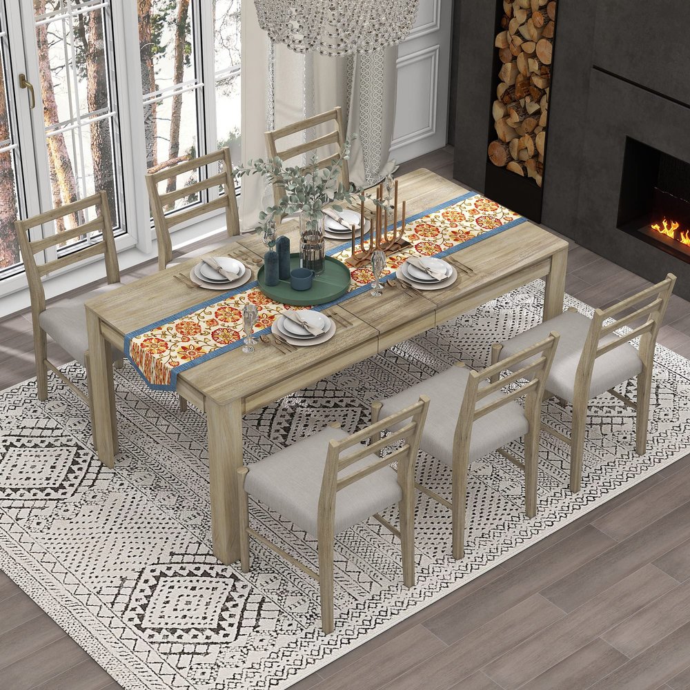 SIYSNKSI 7-Piece Dining Table Set, Wooden Mutifunctional Extendable Table with 12 Leaf and 2 Drawers, Wood Kitchen Set with 6 Dining Chairs, Ideal for Kitchen, Dining Areas (Natural Wood Wash-006)
