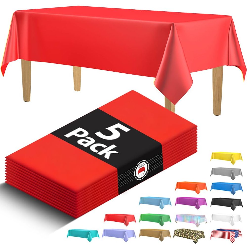 5 Pack Premium Red Plastic Tablecloth - 108 x 54 in. Disposable Rectangle Plastic Cloths - Decorative Rectangle Table Cover Smooth Tablecloth - Disposable Table Cloths Decoration Parties, Wedding Fun!
