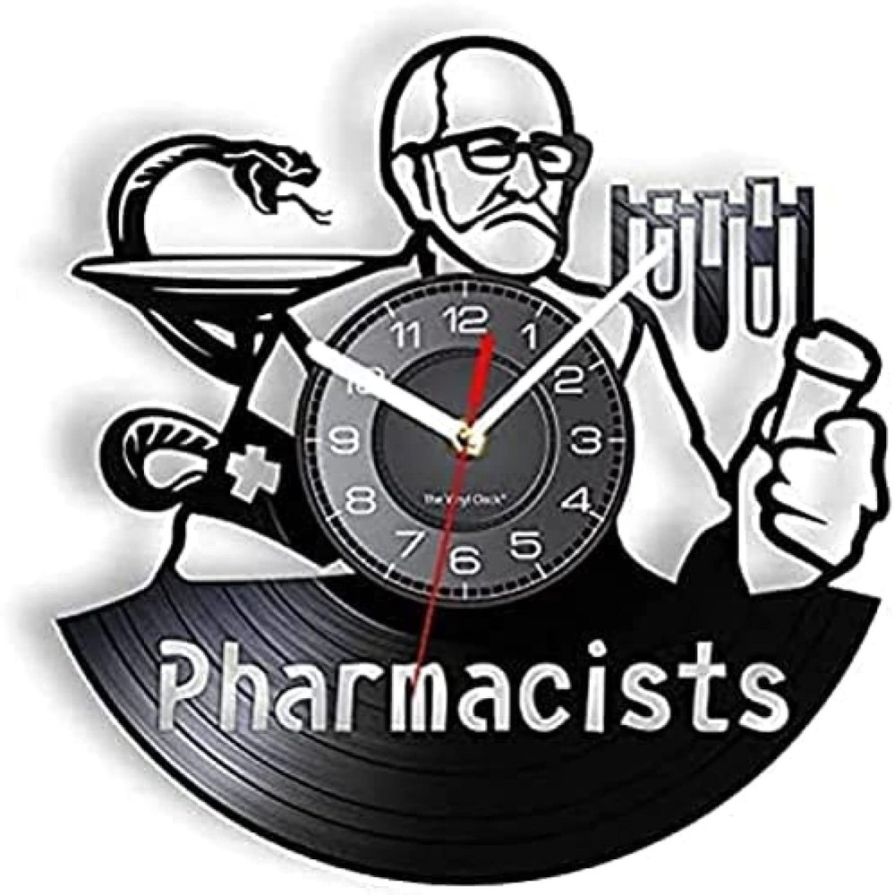 Modern Roman Numerals Wall Clocks 12 Inch Wall Vinyl Decorative Wall Clocks Pharmacists Wall Clock Made of Real Vinyl Record Medicine Snake Test Tube Wall Watch Pharmacy Hanging Decor