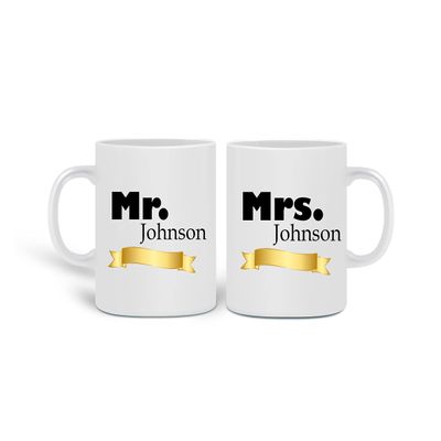 Personalized Mr./Mrs. Name Coffee Mugs for Couples - Surname Mug Set - Coffee Mugs for Couples - Wedding Mugs - Engagement Gift - Bride and Groom Mugs - 2 Pieces - Love Coffee Mugs