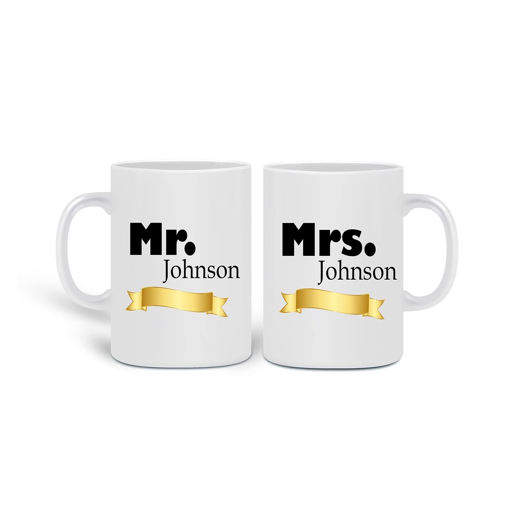 Personalized Mr./Mrs. Name Coffee Mugs for Couples - Surname Mug Set - Coffee Mugs for Couples - Wedding Mugs - Engagement Gift - Bride and Groom Mugs - 2 Pieces - Love Coffee Mugs