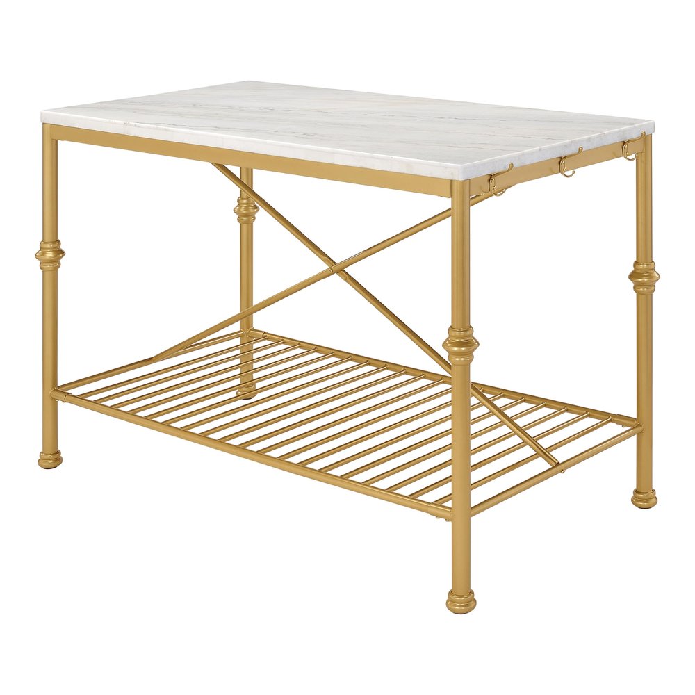 HOMES: Inside + Out Sheffield Modern Genuine Marble Top Steel 58 in. Kitchen Island with Multi-Purpose Shelf and Hooks for Kitchen, Dining Room, Gold and White