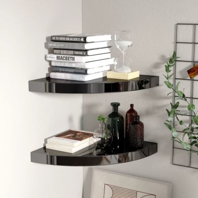 Gecheer Floating Wall Shelves, Set of 2 High Gloss Black Honeycomb MDF Metal Corner Shelves for Home Office Decor, 13.8" x 13.8" x 1.5"