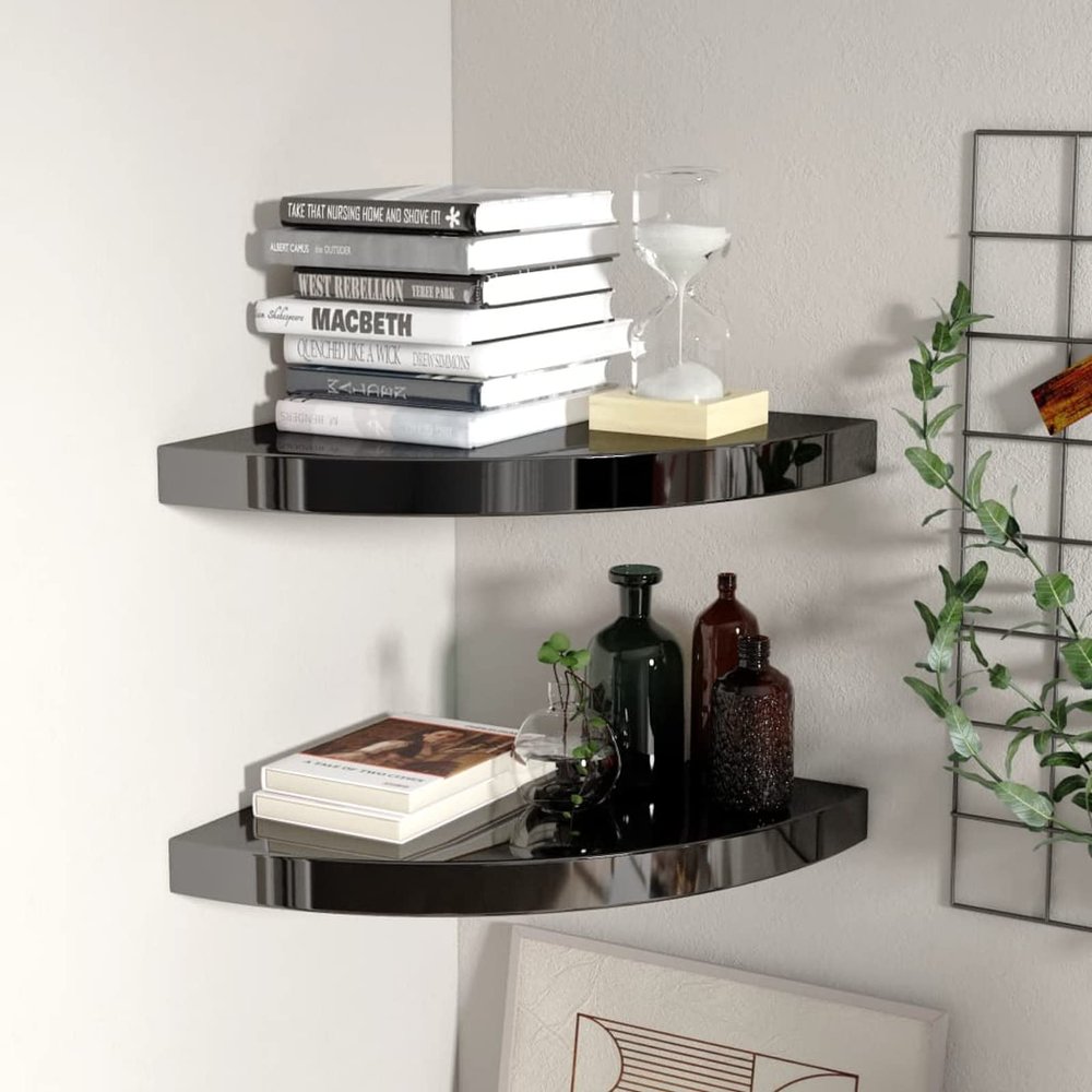 Gecheer Floating Wall Shelves, Set of 2 High Gloss Black Honeycomb MDF Metal Corner Shelves for Home Office Decor, 13.8" x 13.8" x 1.5"