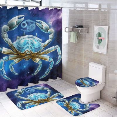 VHPVHP 4 Pcs Bathroom Shower Curtain Set,Bathroom Sets with Rugs (Bath Mat,U Shape and Toilet Lid Cover Mat), Starry Sky Cancer Zodiac Sign Bathroom Decor Set