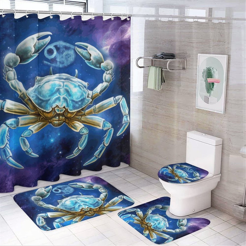 VHPVHP 4 Pcs Bathroom Shower Curtain Set,Bathroom Sets with Rugs (Bath Mat,U Shape and Toilet Lid Cover Mat), Starry Sky Cancer Zodiac Sign Bathroom Decor Set