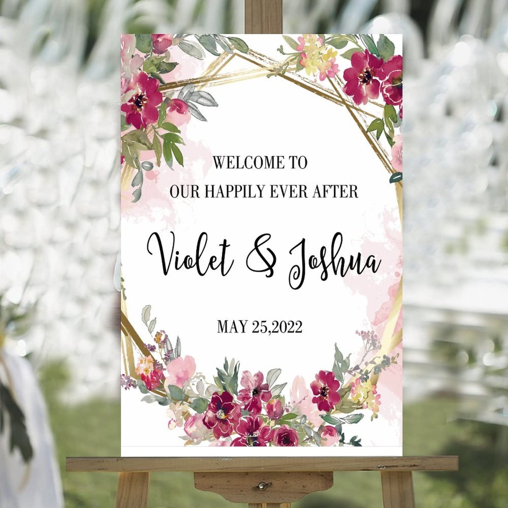 Farmhouse Wood Wedding Welcome Sign Welcome to Our Beginning Personalized Name Wedding Ceremony Sign Rose Floral Red Watercolor Flower Wedding Welcome Signage Engagement Party Sign 16x24in
