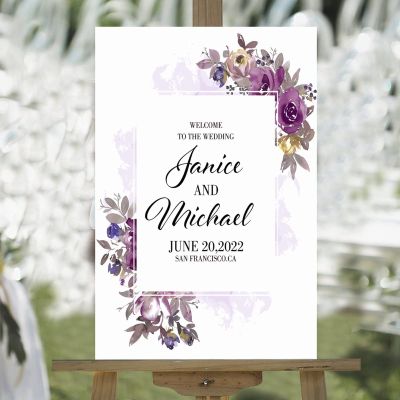 Rustic Welcome Wedding Sign Welcome to Our Wedding Custom Name Wood Decorative Wedding Party Art Signs Dark Purple Watercolor Rose Floral Wedding Reception Sign 16x24in Wedding Decor Plaque