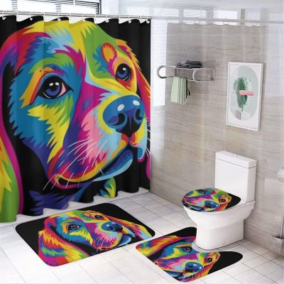 VHPVHP 4 Pcs Bathroom Shower Curtain Set,Bathroom Sets with Rugs (Bath Mat,U Shape and Toilet Lid Cover Mat), Colorful Cute Dog Bathroom Decor Set
