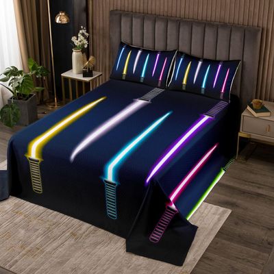 Colorful Lightsaber Lightweight Quilt Set for Kids Teens,Lightsaber Bedspread,Colorful Neon Bed Cover Modern Cool Bedding Set Decorative Quilted 2 Pcs Coverlet Set with 1 Pillow Sham,Twin Size