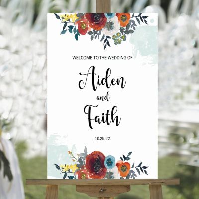 Watercolor Rose Flower Teal Back Paint Wedding Welcome Signs Welcome to Our Happily Ever After Custom Name Wood Wedding Sign Rustic Wedding Reception Poster Welcome Sign 16x24in