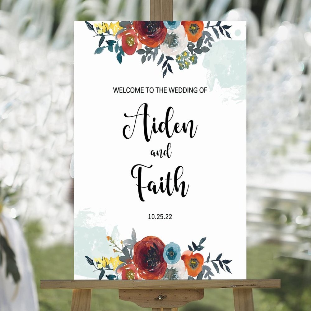 Watercolor Rose Flower Teal Back Paint Wedding Welcome Signs Welcome to Our Happily Ever After Custom Name Wood Wedding Sign Rustic Wedding Reception Poster Welcome Sign 16x24in