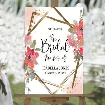 Daisy Floral Pink Red Wreath Wedding Welcome Sign Welcome to Our Wedding Custom Name Date Wood Welcome Wedding Sign Vintage Welcome Wedding Poster Entrance Decor Sign 16x24in