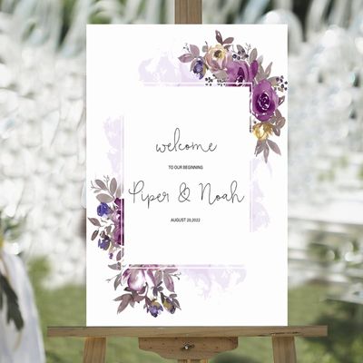 Dark Purple Watercolor Rose Floral Wedding Welcome Signs Please Enjoy Our Unplugged Ceremony Custom Name Wood Welcome Wedding Signage Rustic Wedding Reception Poster Welcome Sign 16x24in