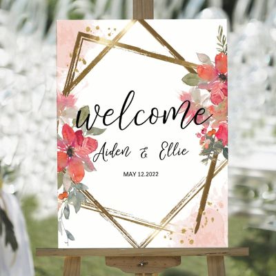Boho Wood Wedding Welcome Signs Welcome to Bridal Shower Personalized Wedding Welcome Sign Daisy Floral Pink Red Wreath Wedding Welcome Signage Engagement Party Sign 18x24in