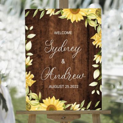 Welcome Personalized Name Custom Date Wood Welcome Wedding Signs Yellow Sunflower Wreath Vintage Brown Wedding Welcome Sign Boho Boho Wedding Decor Welcome Sign 18x24in Wedding Decor Plaque