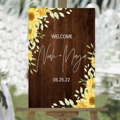Welcome to Our Wedding Custom Name Date Wood Welcome Wedding Sign Yellow Sunflower Vintage Brown Board Wedding Reception Sign Vintage Wedding Reception Welcome Sign 16x24in
