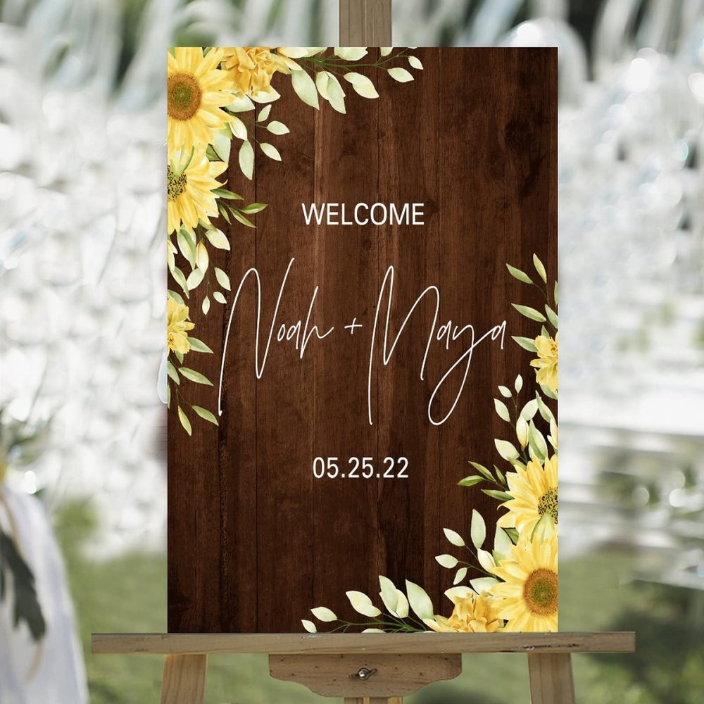 Welcome to Our Wedding Custom Name Date Wood Welcome Wedding Sign Yellow Sunflower Vintage Brown Board Wedding Reception Sign Vintage Wedding Reception Welcome Sign 16x24in