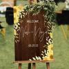 Welcome to Our Wedding Custom Name Date Wood Welcome Wedding Sign Yellow Sunflower Vintage Brown Board Wedding Reception Sign Vintage Wedding Reception Welcome Sign 16x24in view 3