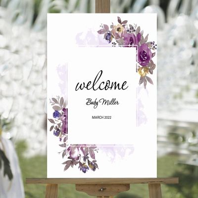 Wedding Welcome Sign Welcome to Our Wedding Custom Name Date Romantic Wood Wedding Sign Dark Purple Watercolor Rose Floral Reception Decorations Party Signs for Wedding Ceremony 16x24in