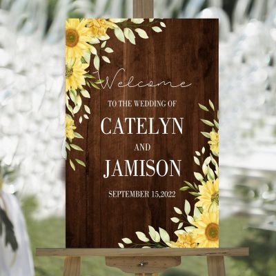 Welcome Wedding Sign Pick A Seat Not A Side Personalized Name Romantic Wood Wedding Welcome Sign Yellow Sunflower Vintage Brown Board Welcome Sign for Wedding Reception 16x24in