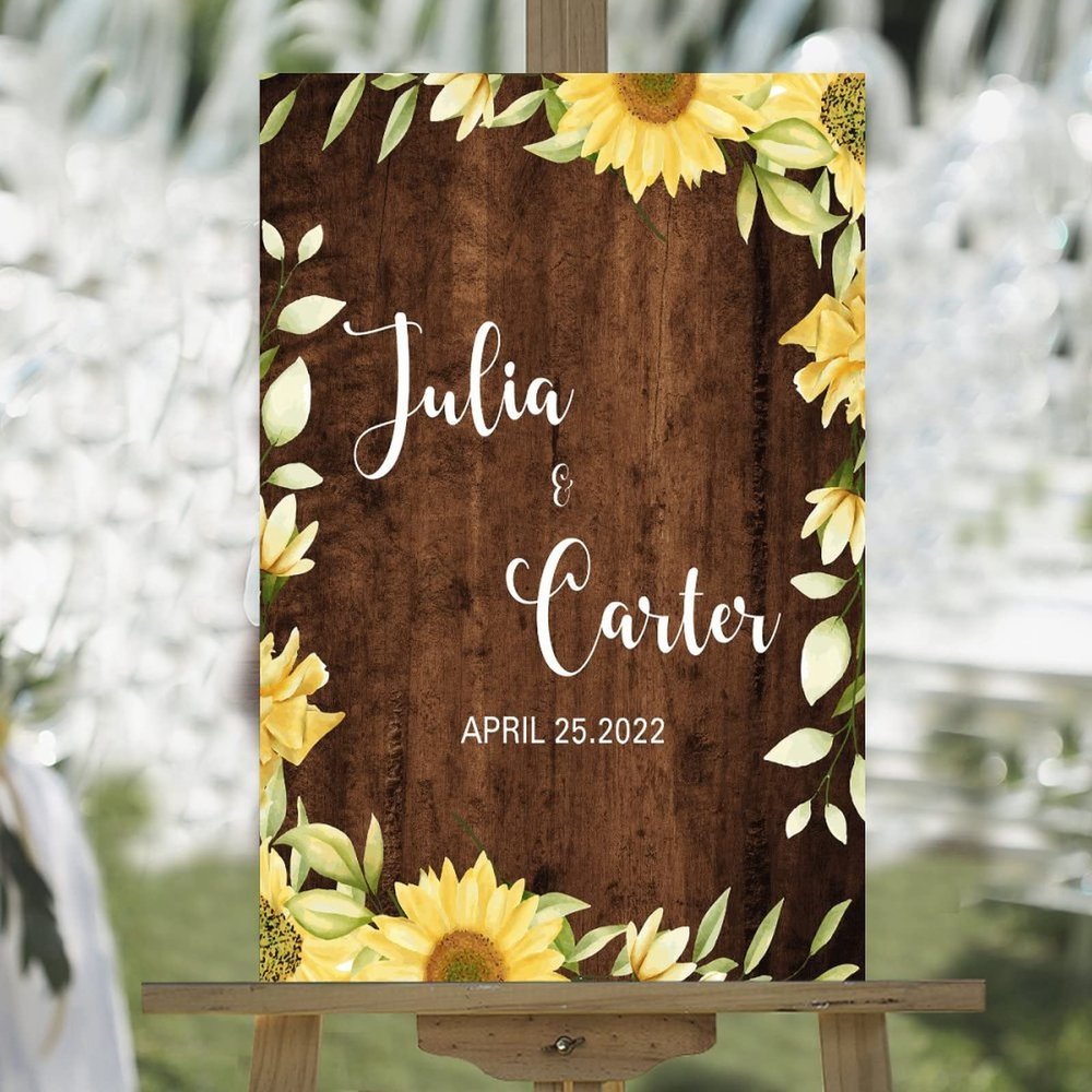 Wedding Welcome Sign Welcome to Our Wedding Custom Name Romantic Wood Wedding Welcome Sign Yellow Sunflower Vintage Brown Board Wedding Reception Poster Welcome Sign 16x24in