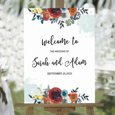 Vintage Wedding Welcome Signs Welcome to The Wedding of Custom Couple Name Wood Reception Decorations Party Signs for Wedding Watercolor Rose Flower Teal Back Paint Wedding Sign 18x24in