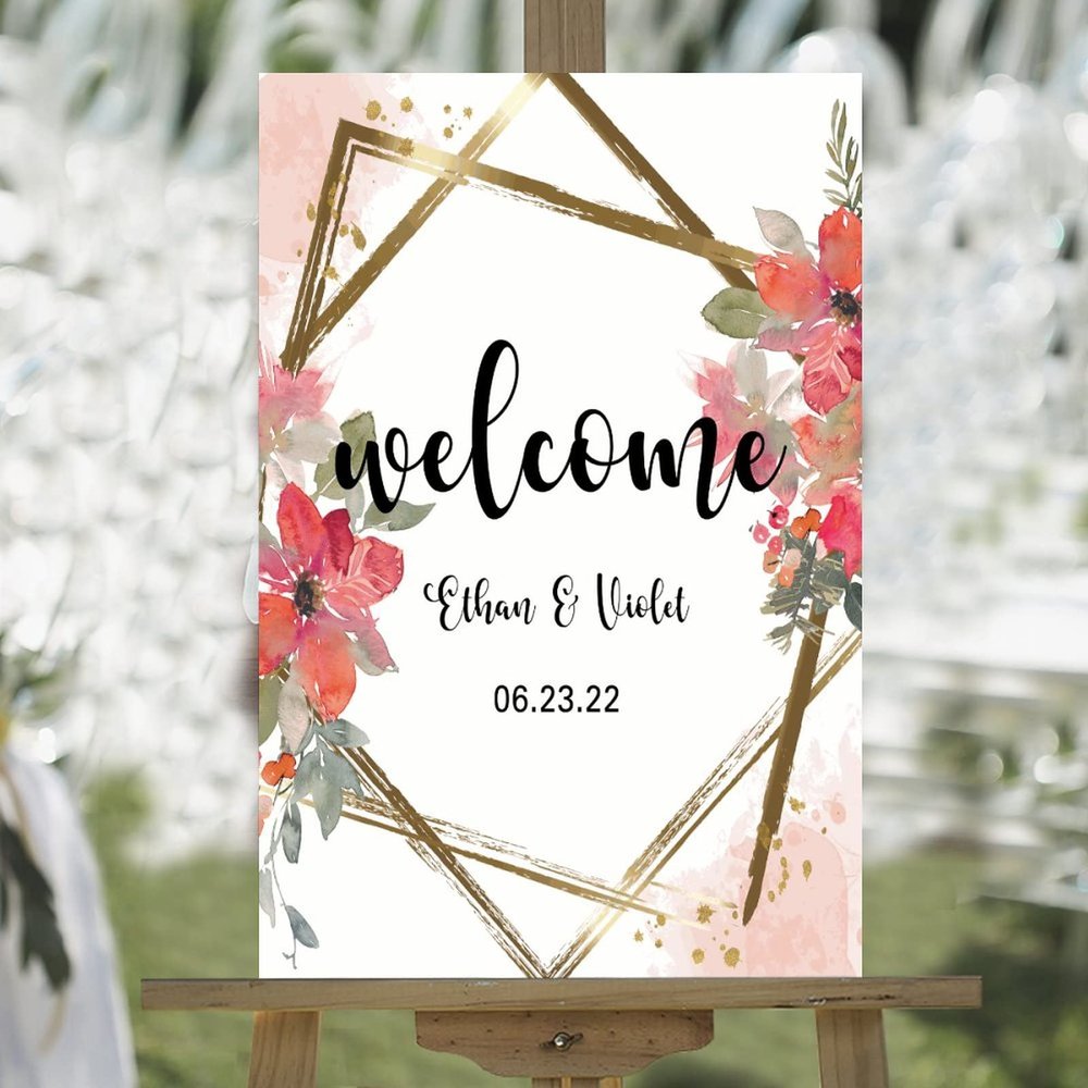 Welcome Wedding Signs Welcome to Our Beginning Personalized Name Romantic Wood Welcome Sign Daisy Floral Pink Red Wreath Welcome Wedding Poster Entrance Decor Sign 16x24in