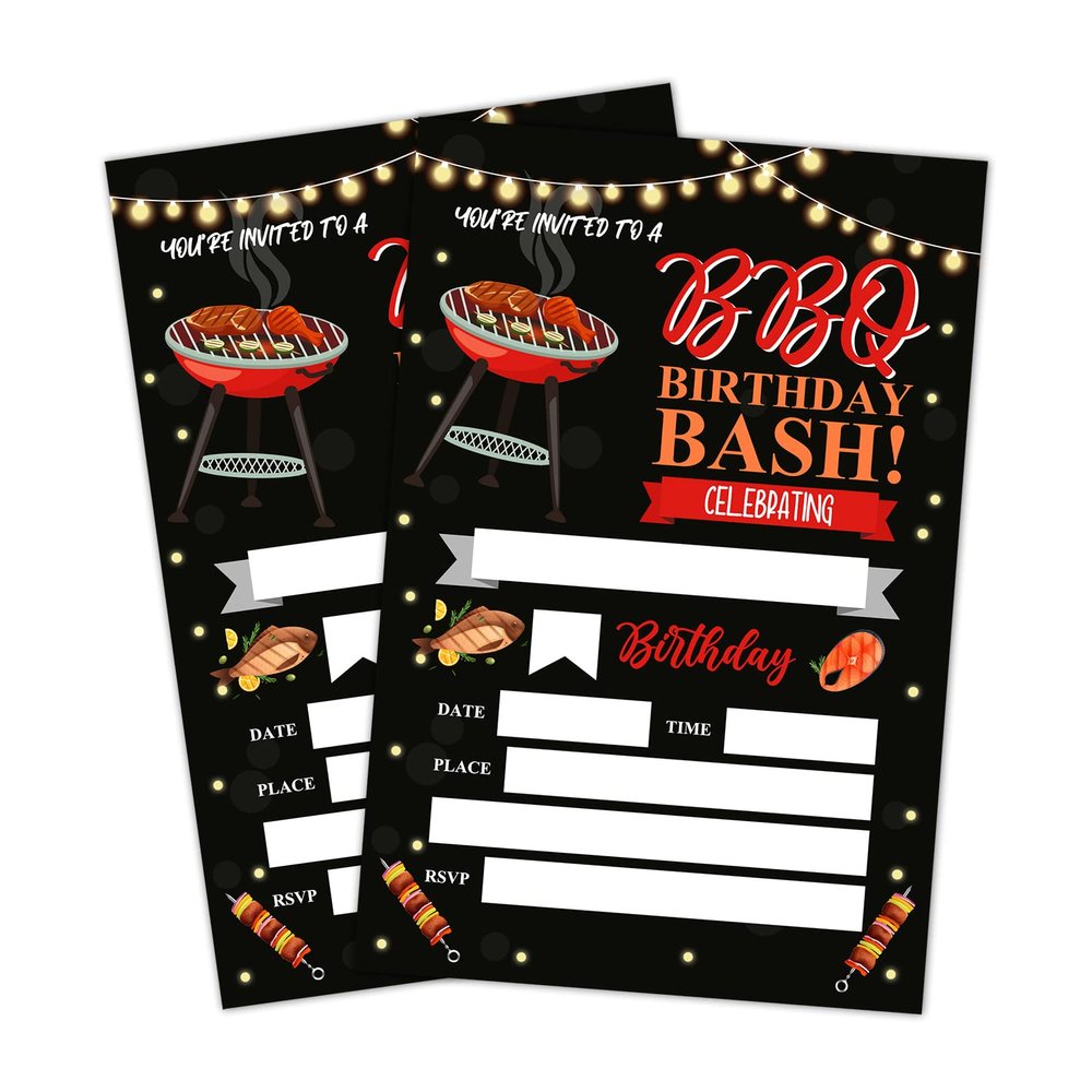 LWBEO BBQ Birthday Invitation Cards, Barbecue Party Invites, Kids Happy Birthday Party Decorations Supplies, 20 Fill-in Cards with Envelopes for Boys or Girls Party Celebration - B17
