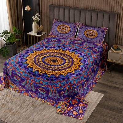 Erosebridal Oriental Mandala Coverlet Twin Size Vintage Floral Bedding for Toddler Kids, Art Deco Medallion Bedspread Set Boho Red Purple Quilt Set, Retro Aesthetic Bed Set Soft