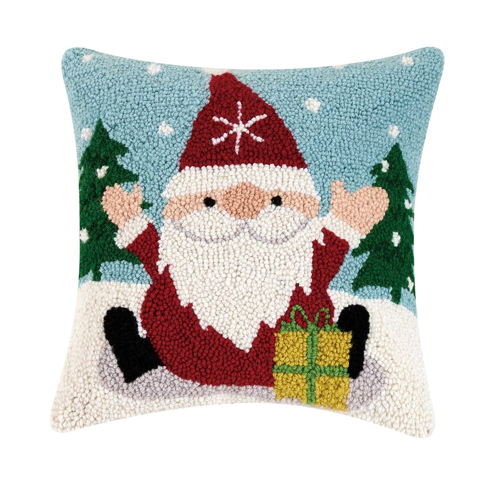 Peking Handicraft Santa Gnome with Yellow Present Christmas Polyfill Hook Throw, 14-inch Square, Wool and Velv Back, Holiday Seasonal Decoration