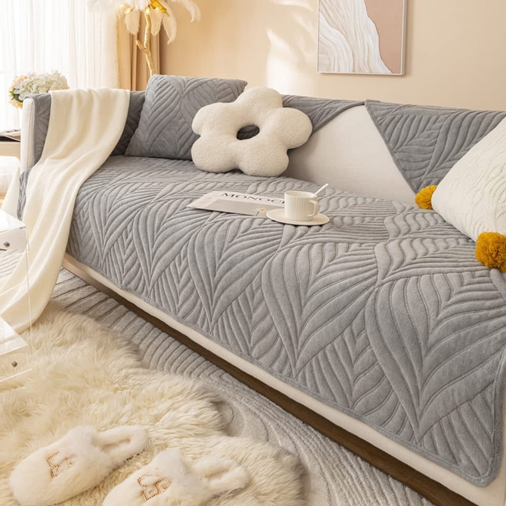 vctops Soft Velvet Sofa Couch Cover Tropical Leaf Pattern Sectional Couch Covers Non Slip Sofa Slipcover Furniture Protector for Kids Dogs Pet, 1 Piece/Not All Set (Grey,27"x59")
