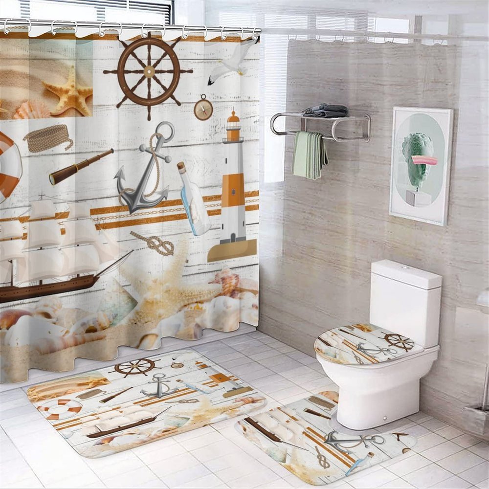 Kazynee Nautical Beach Theme 4 Piece Shower Curtain Sets, Non-Slip Rugs, Toilet Lid Cover and Bath Mat, Durable and Waterproof, for Bathroom Decor Set One Size
