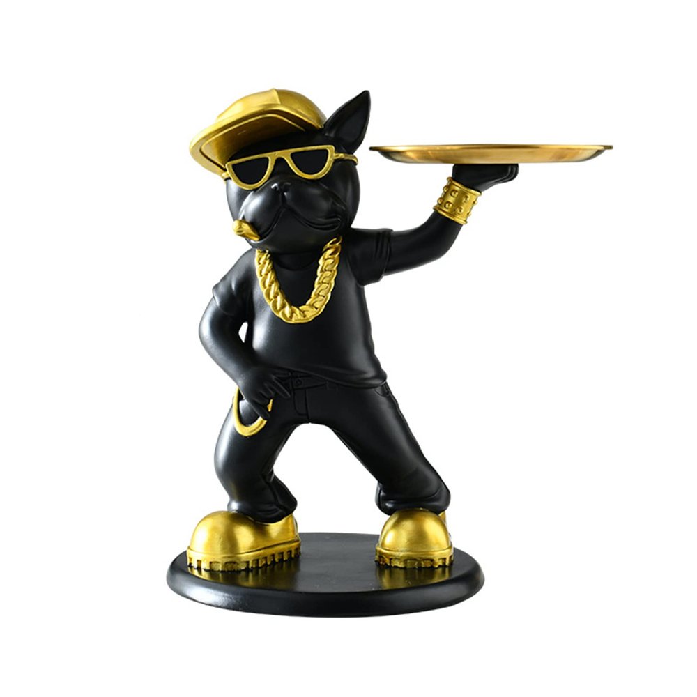 AOPPLSOT French Bulldog Tray Decoration Statue, Cool Bulldog Key Bowl, Table Decoration, Jewelry Storage Box Key Bowl, Resin,Black b