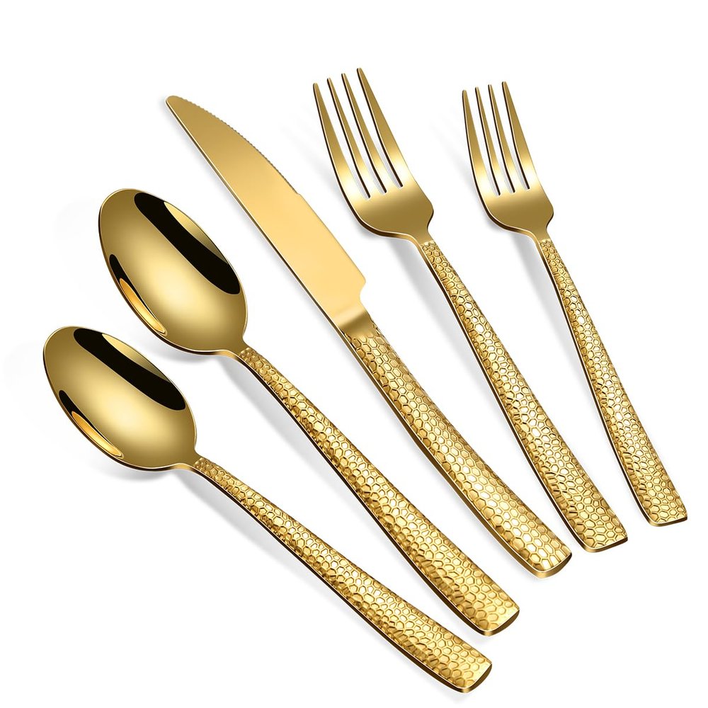 20-Piece Silverware Set, Gold Hammered Stainless Steel Flatware Sets for 4, Food-Grade Tableware Set, Including Fork Knife Spoon Set, Home Kitchen Cutlery Sets, Dishwasher Safe